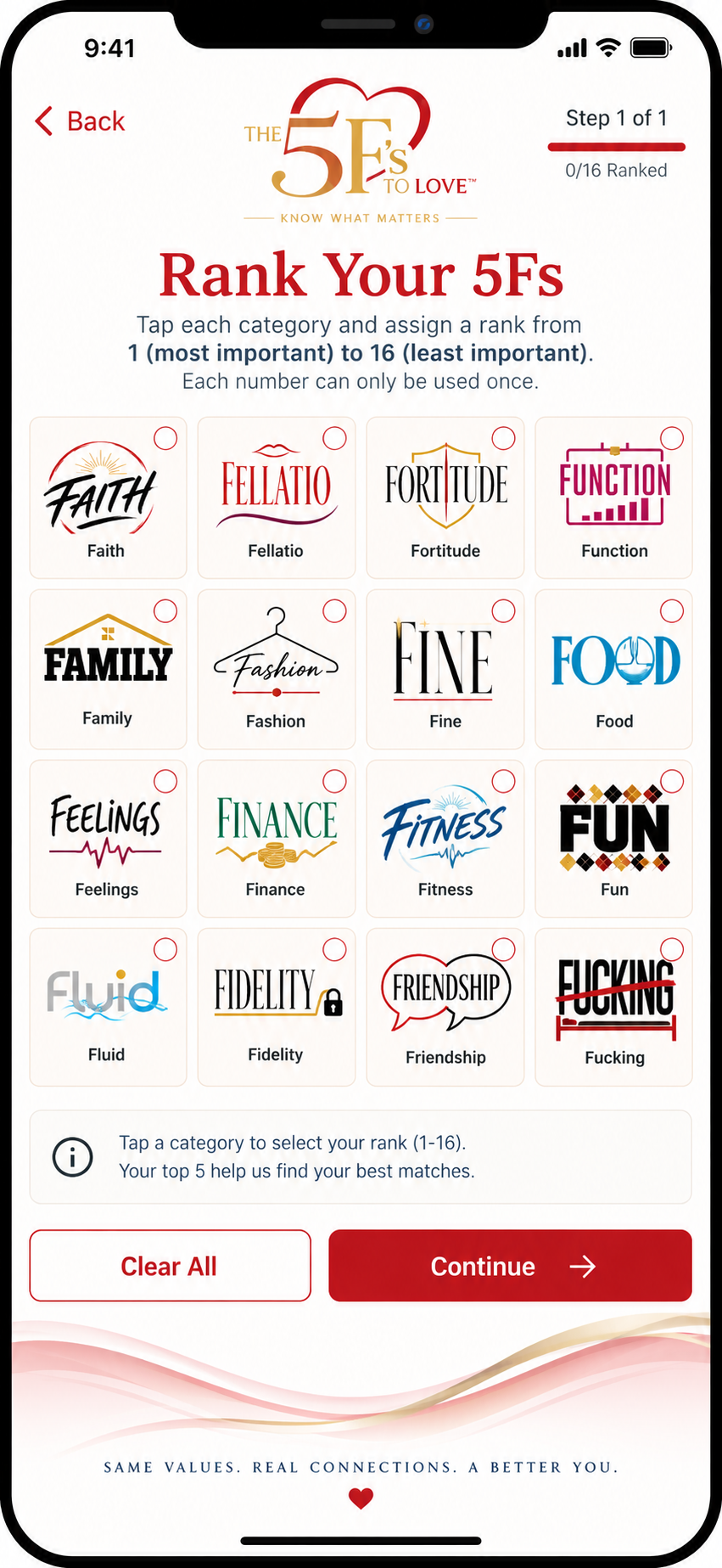 The 5Fs To Love app Rank Your 5Fs screen.