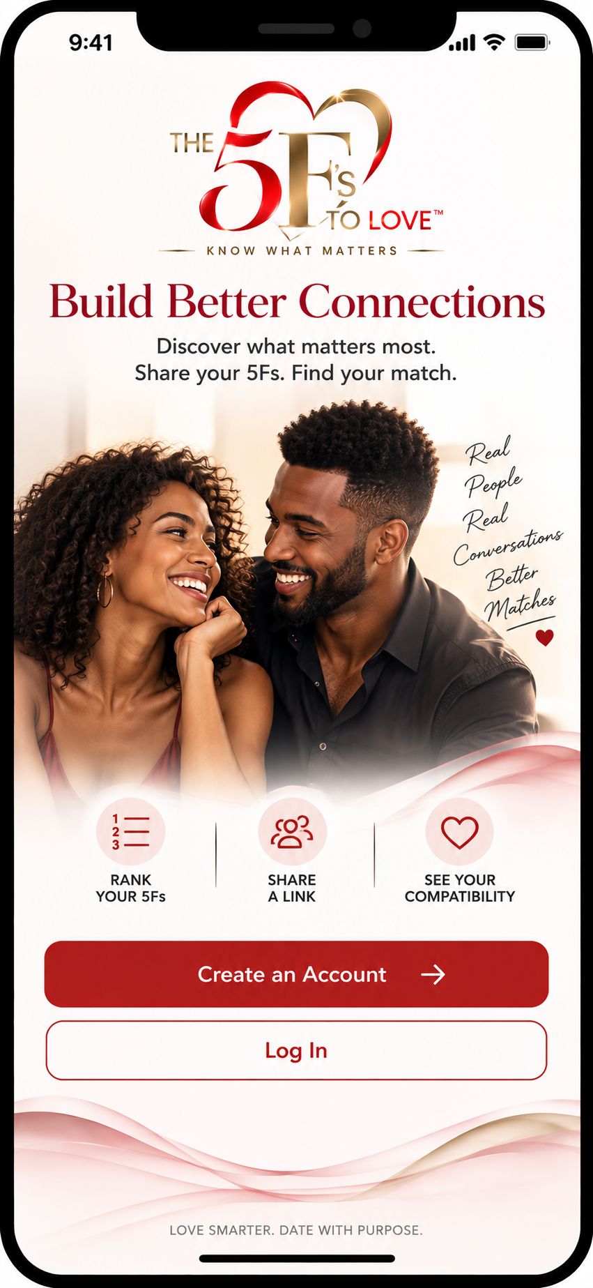 The 5Fs To Love app Build Better Connections screen.