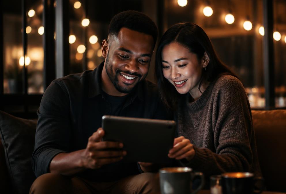 A couple sitting together, smiling as they look at the 5Fs app on a tablet