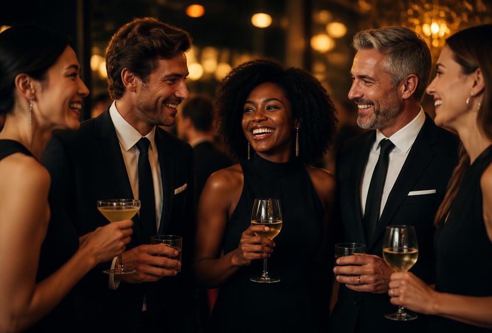 A diverse group of adults laughing together at an upscale evening event