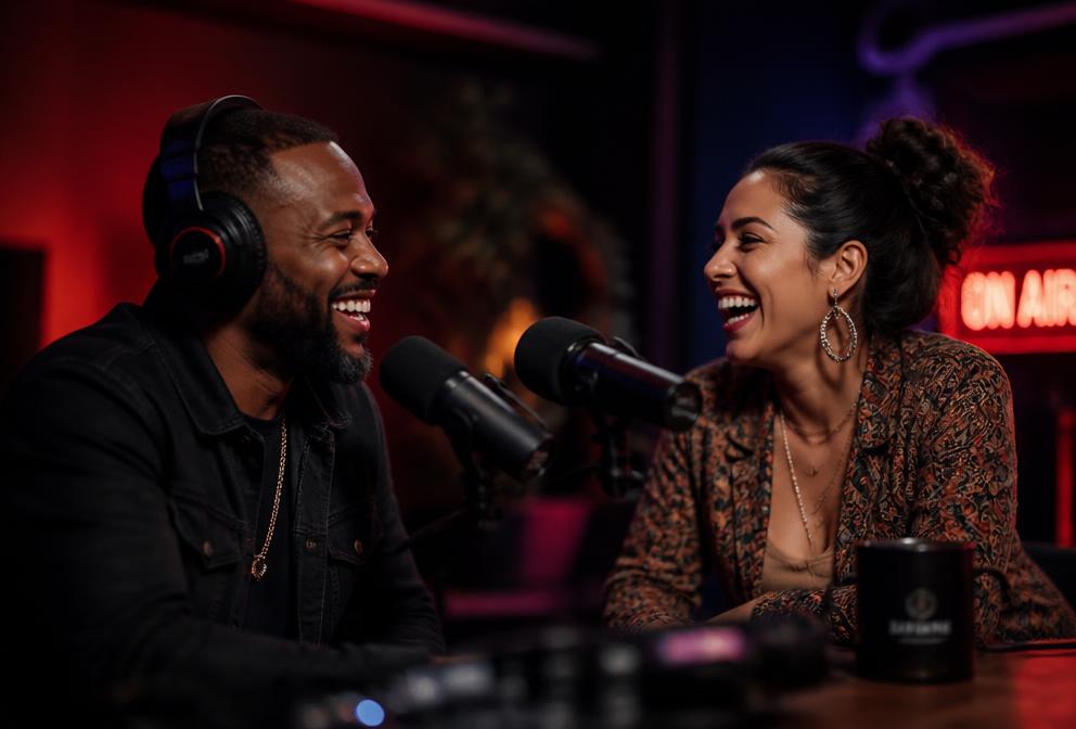 Two podcast hosts laughing together across studio microphones