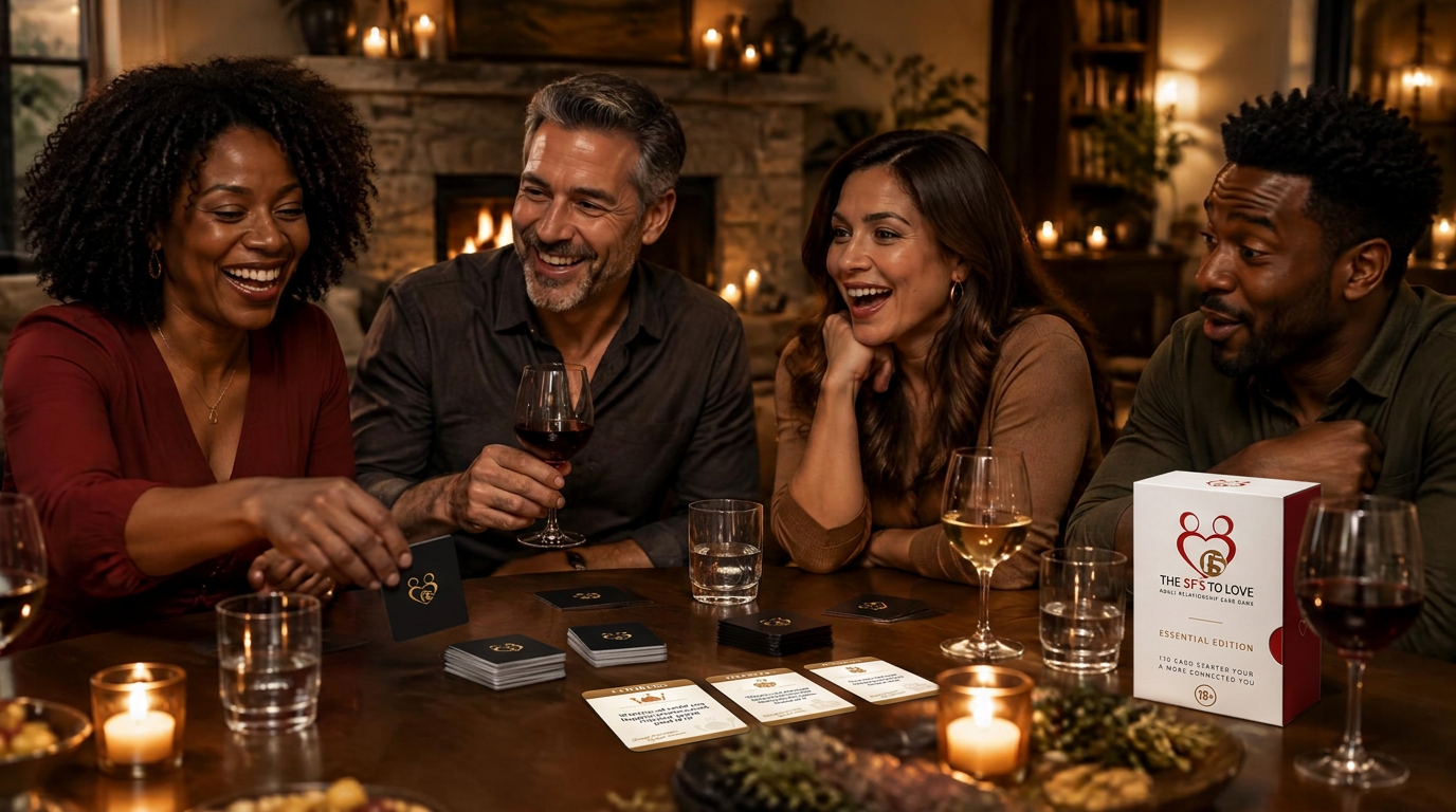 Two couples laughing around a candlelit dining table by a fireplace while playing The 5Fs To Love card game.