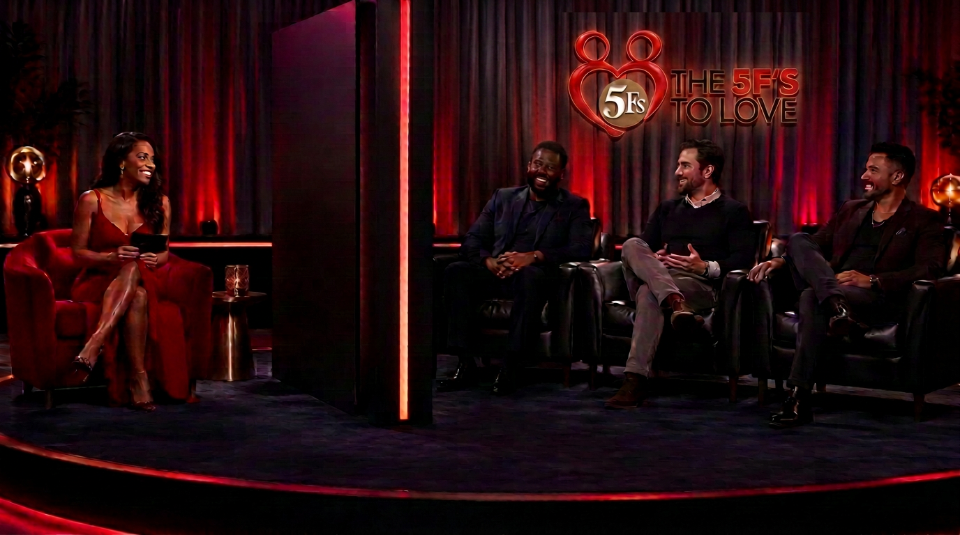 The 5Fs Dating Game stage: a woman in a red chair holding a card, a privacy divider, and three men in black chairs in front of grey curtains.