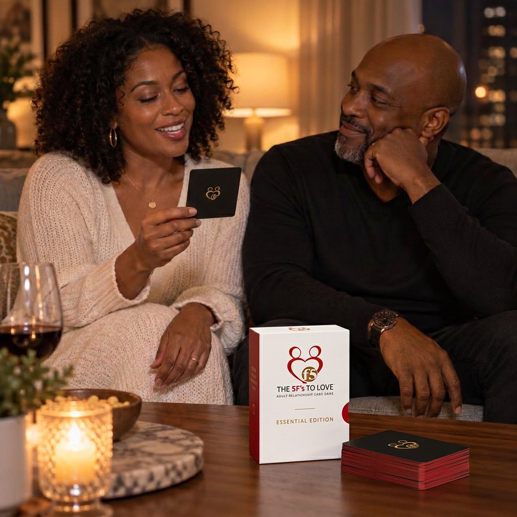 A married couple in their fifties sitting close on a sofa talking over a question card.