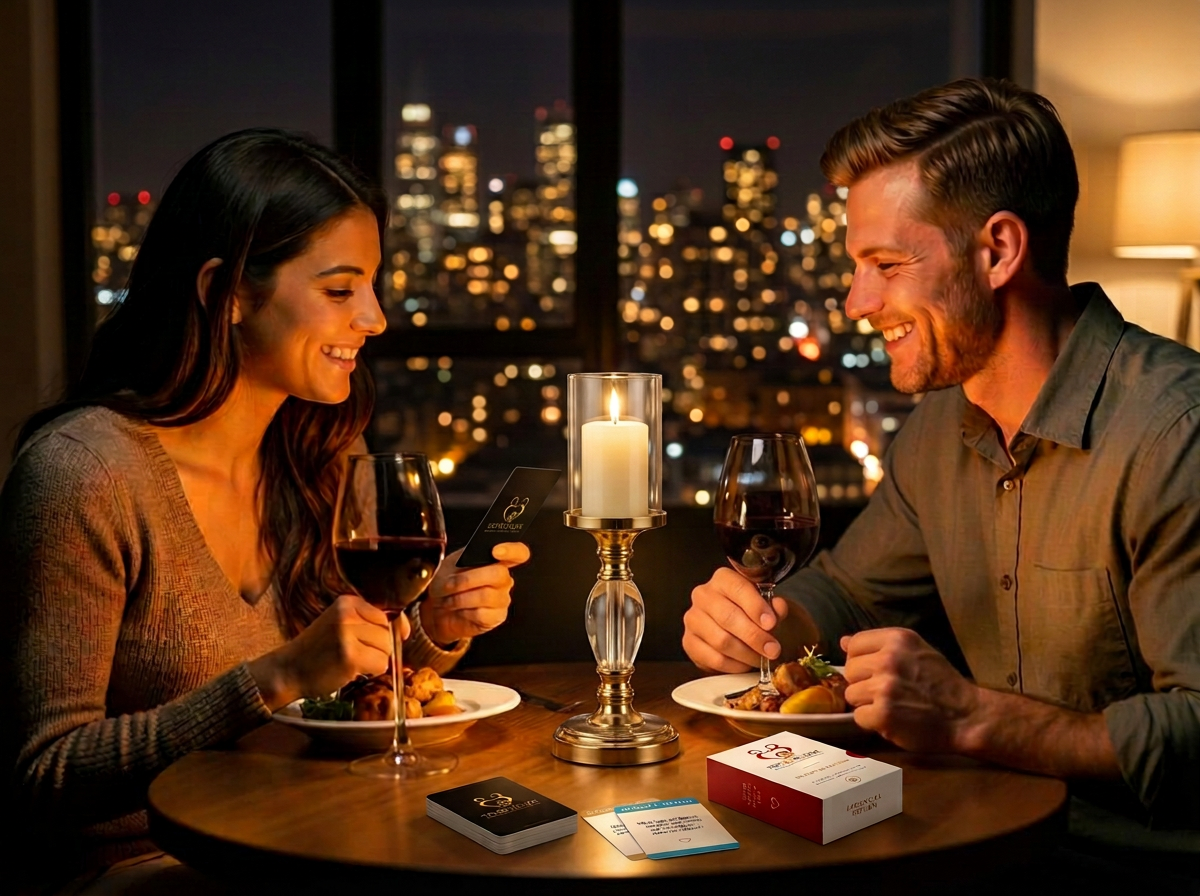 A couple at an intimate candlelit dinner at home reading a question card between them.