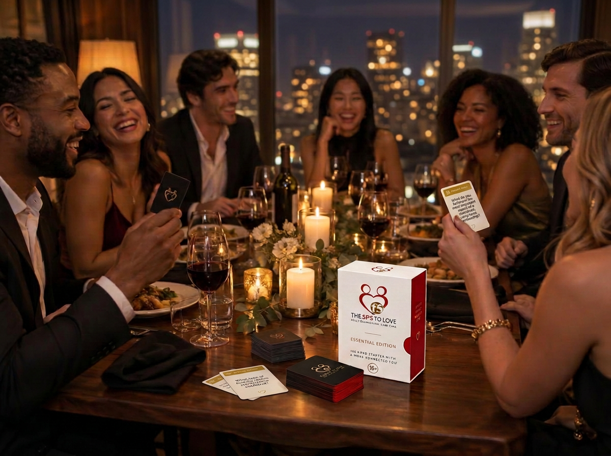 Seven friends laughing around a long candlelit dinner table while one holds up a question card.