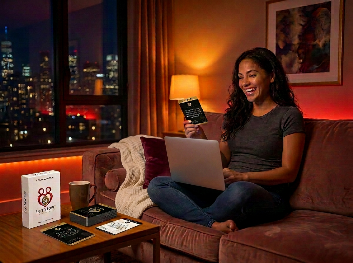A woman at home on a video call with cards from The 5Fs To Love card game beside her laptop.