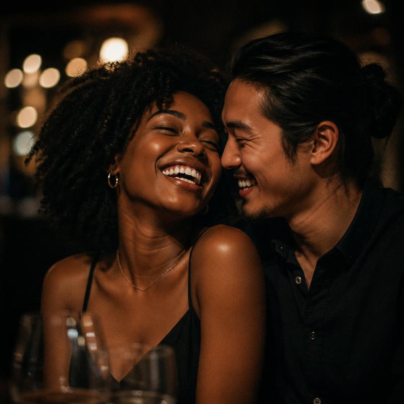A Black woman and an East Asian man laughing together over dinner.