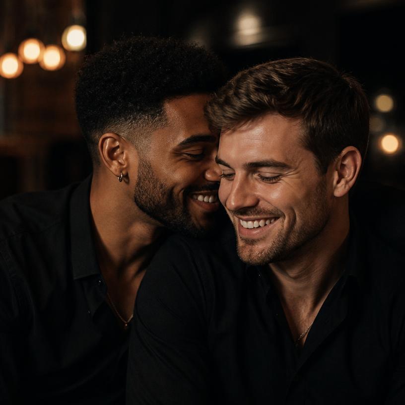 A gay biracial couple smiling together in a warm lounge.