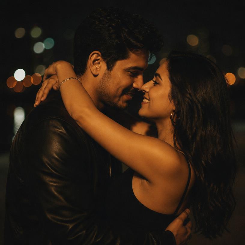 A Latino couple embracing and smiling in front of city lights.
