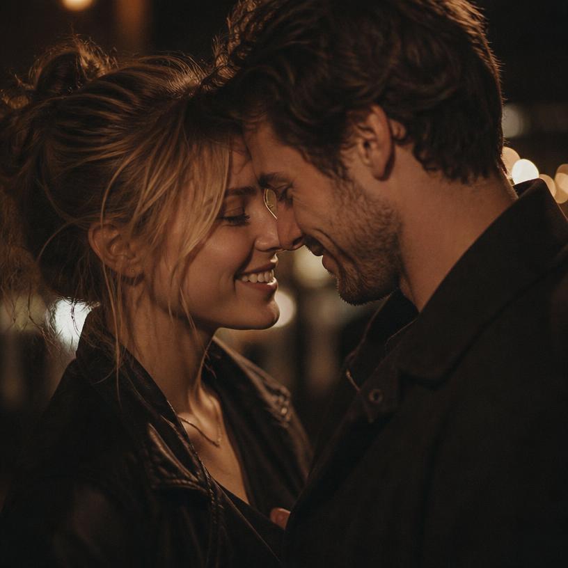 A white couple smiling closely together in warm evening light.