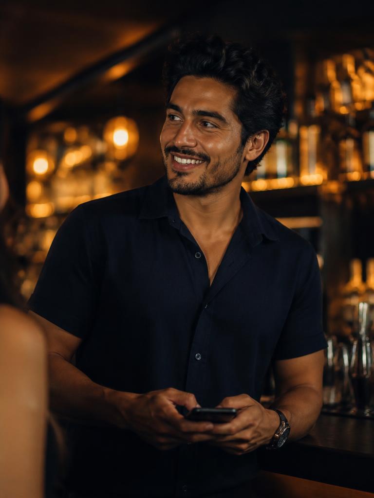 A Latino man holding his phone and smiling as he talks with someone in a warmly lit bar.