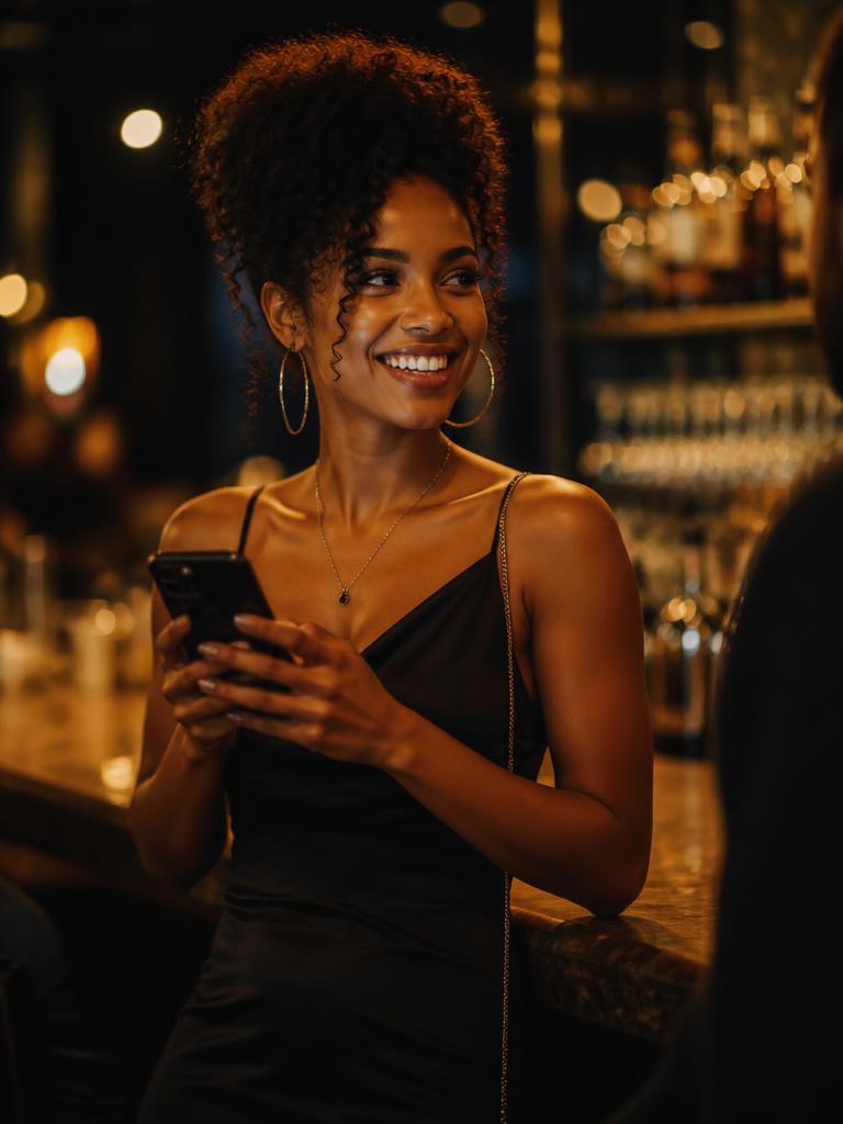 A Black woman holding her phone and smiling as she talks with someone in a warmly lit bar.