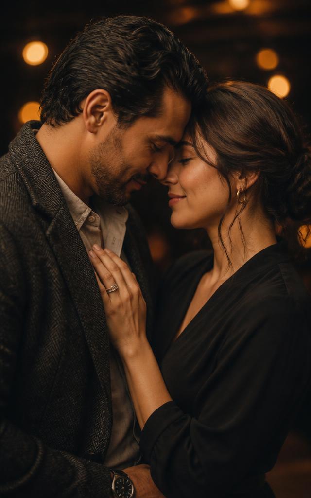 A Latino couple resting forehead to forehead, smiling