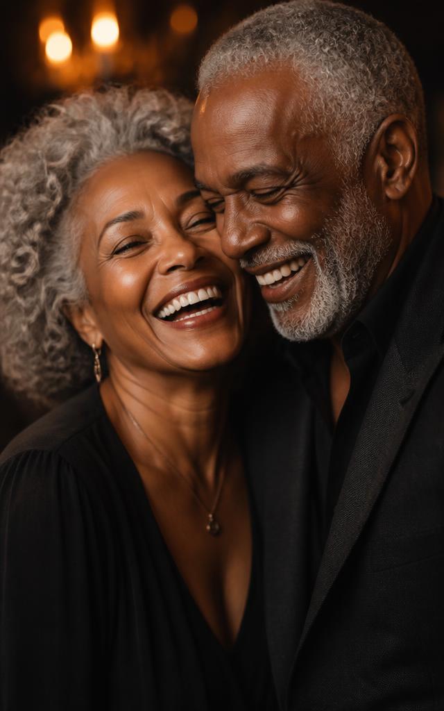 An older Black couple cheek to cheek, laughing joyfully