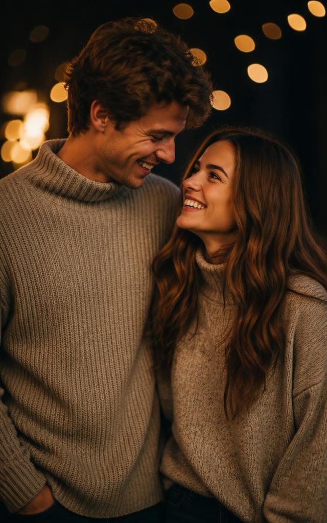 A young couple in cozy knitwear smiling at each other