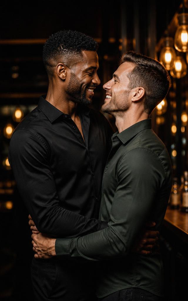 An interracial male couple embracing and smiling at a warm-lit bar
