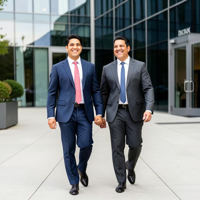 A married couple in business attire walking together outside an office.