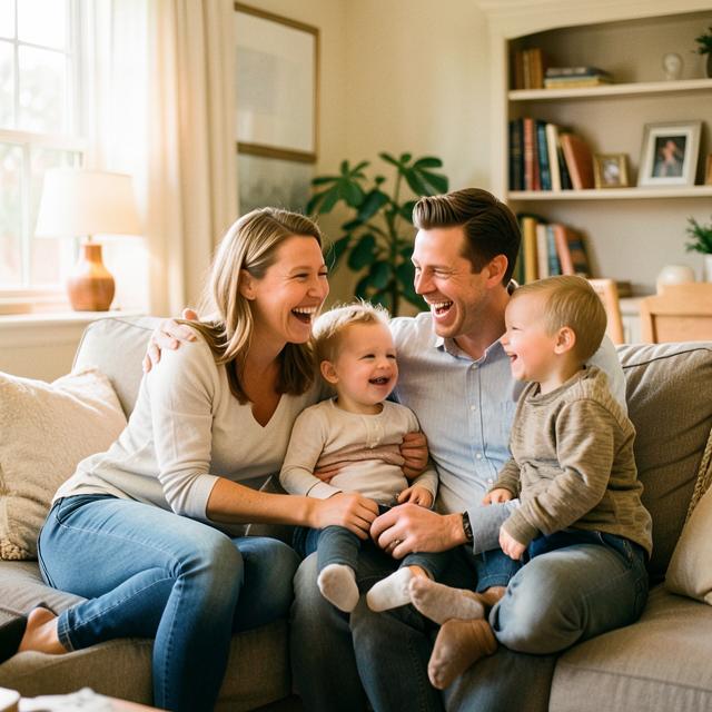 Parents laughing on a sofa with their two young children.