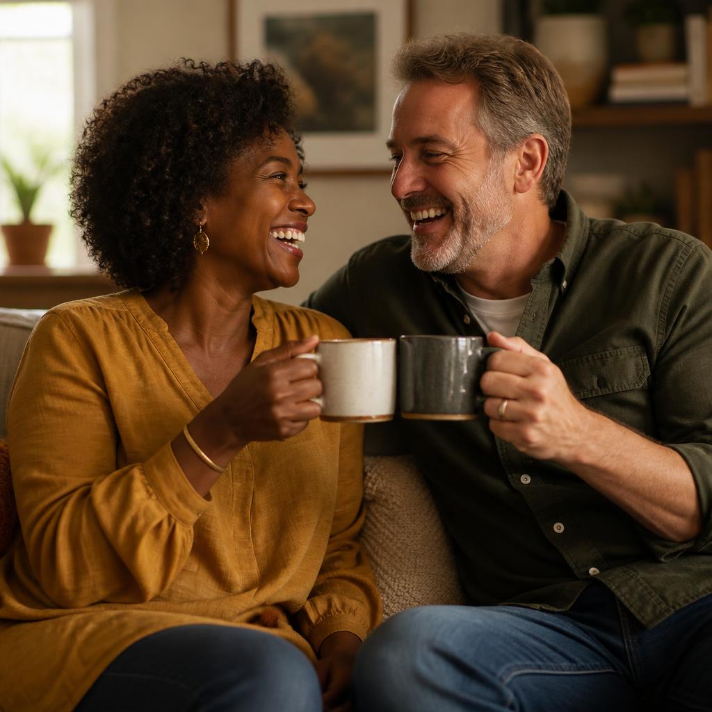 A couple sitting close on a sofa with coffee, laughing together.