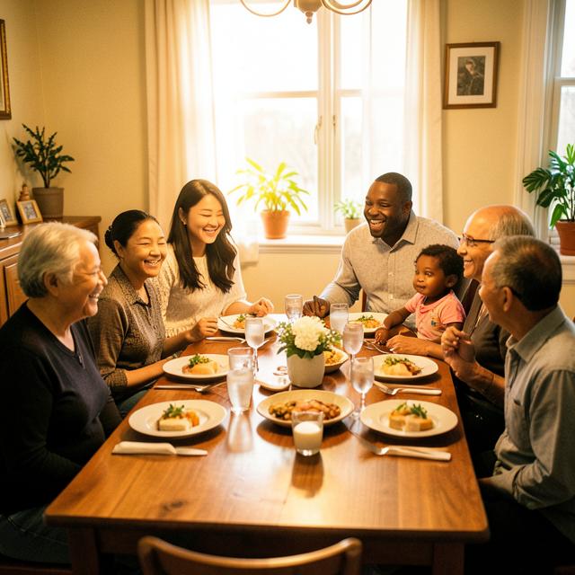 A multigenerational family laughing together around a dinner table.