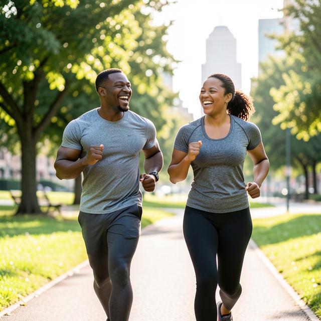 A married couple jogging together and laughing in a city park.
