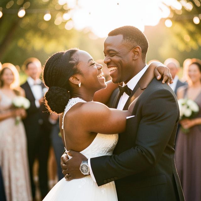 A Black couple embracing and laughing on their wedding day.