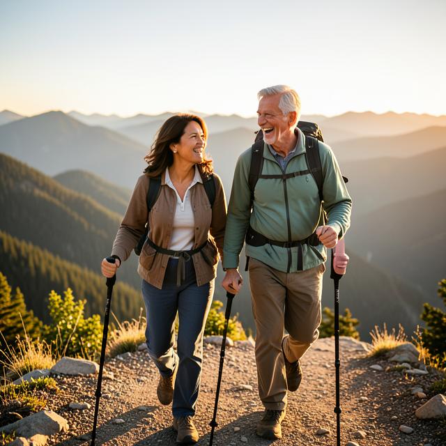 A couple hiking a mountain trail together at golden hour.