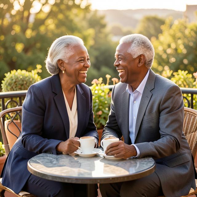 An older couple laughing over coffee on a sunny terrace.