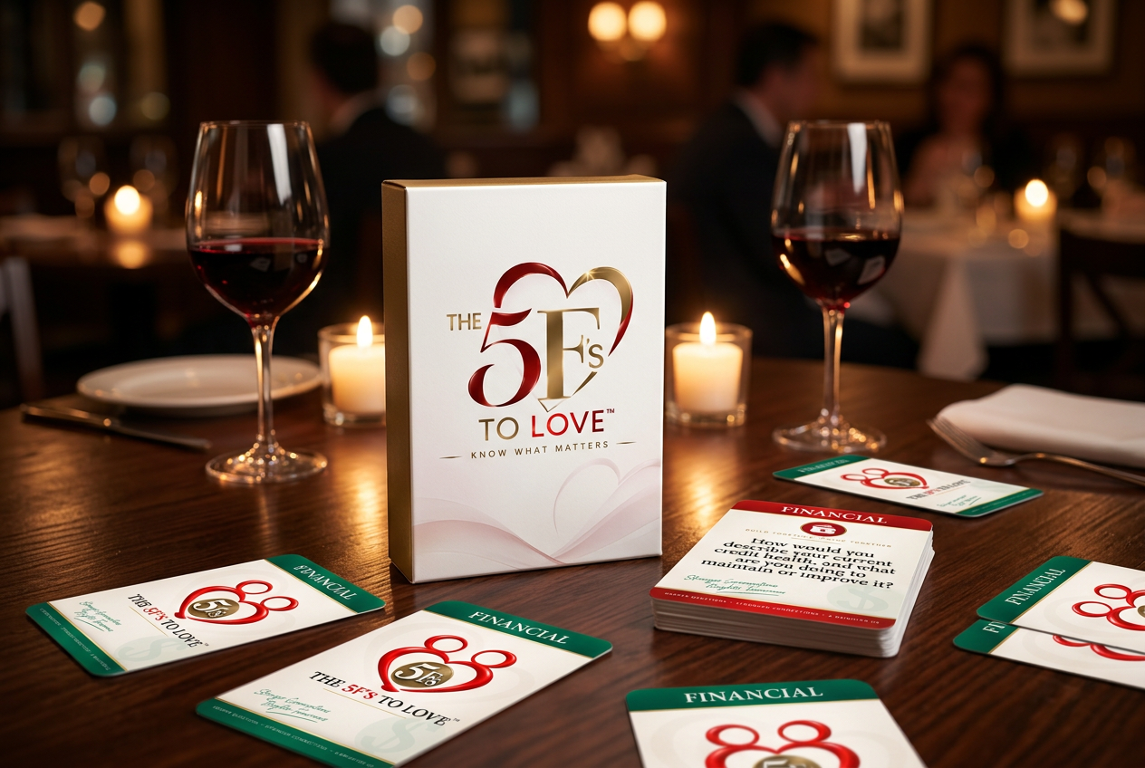 The 5Fs To Love card game box on a candlelit dinner table with cards scattered around and two glasses of red wine.