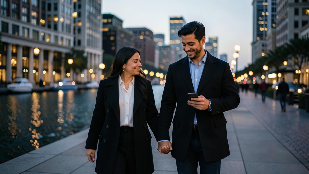 A married couple walking hand in hand along a waterfront at dusk.