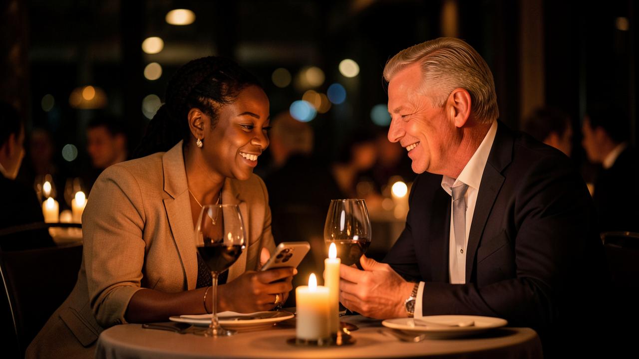 A married couple looking at The 5Fs To Love app together at a candlelit restaurant table.