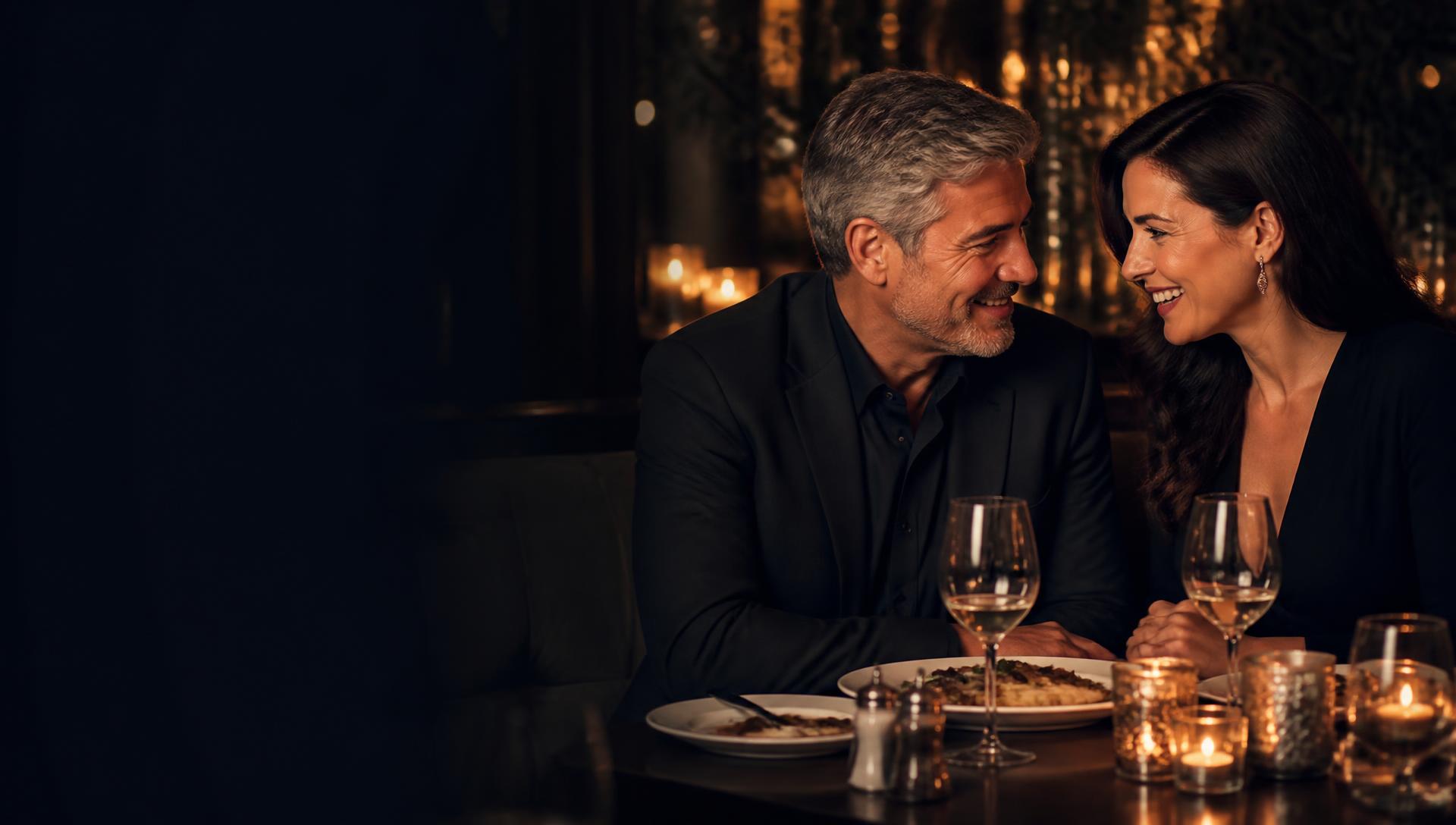 A married couple in their forties smiling closely together at a candlelit restaurant table.