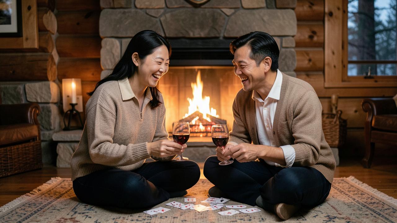 A married couple laughing while playing a card game by a fireplace.