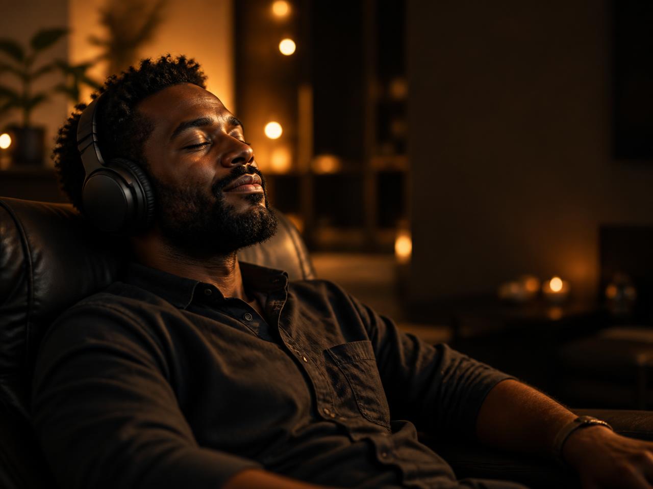 A man reclining in a warmly lit room with over-ear headphones on, listening to a podcast.
