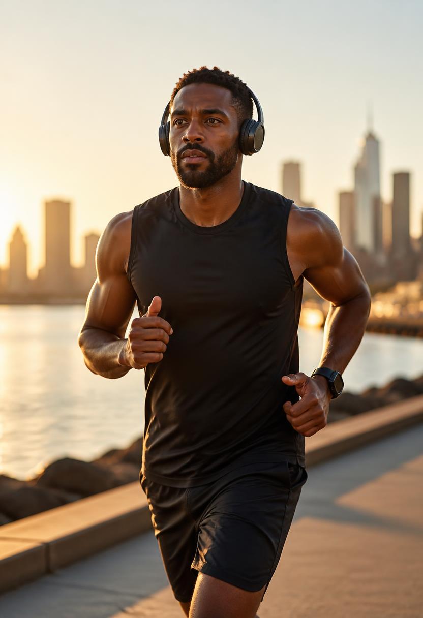 A man in over-ear headphones jogging along a city waterfront at sunrise while listening to a podcast.