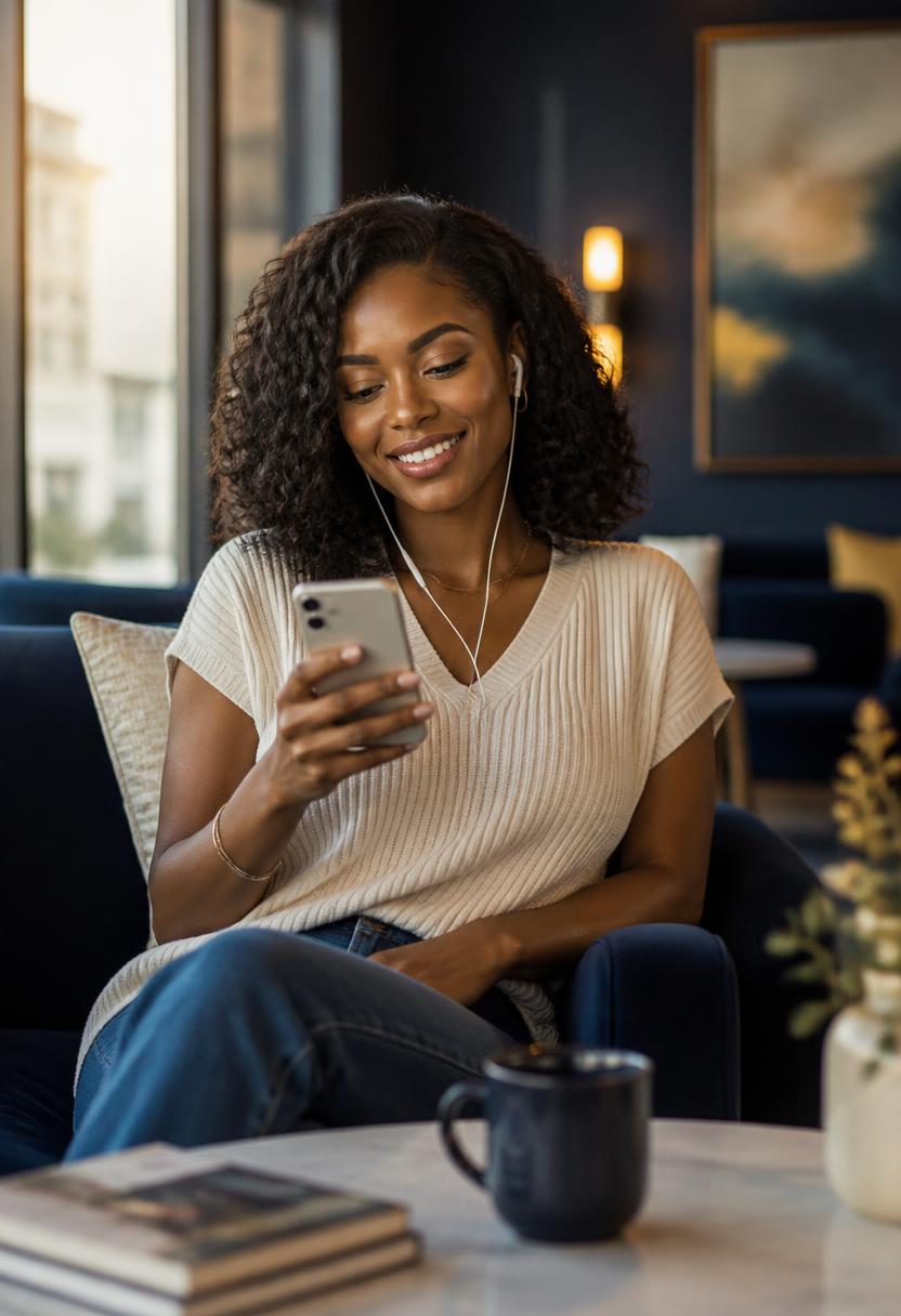 A woman relaxing in a modern lounge with earbuds in, watching a podcast on her phone.