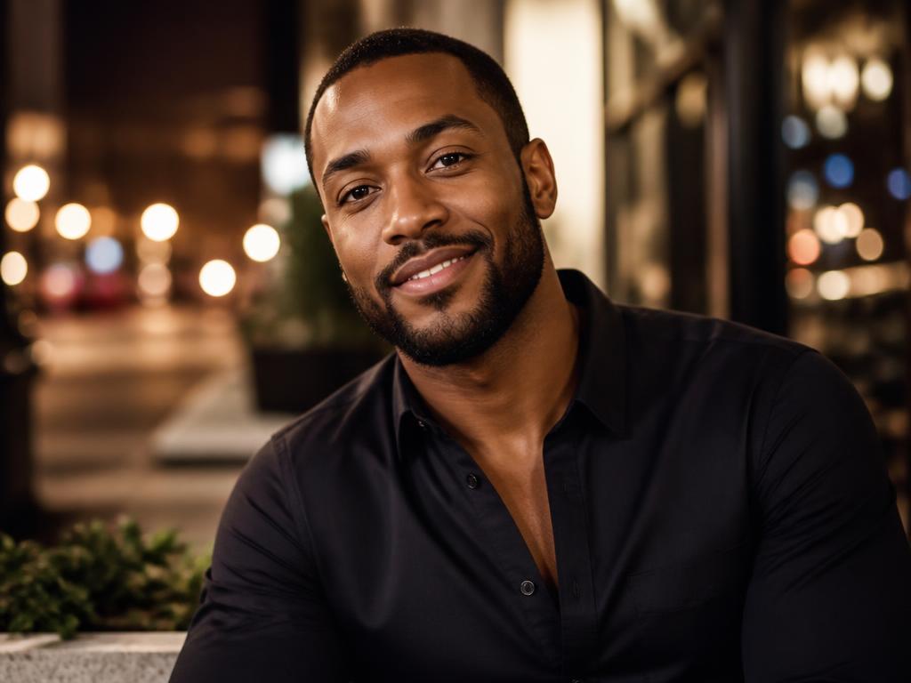 Dating profile photo of Alex, a smiling Black man in a dark shirt at night.
