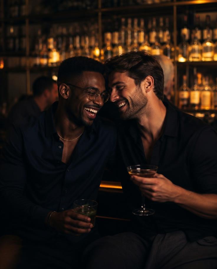 Two men laughing together over cocktails at a warmly lit lounge bar.
