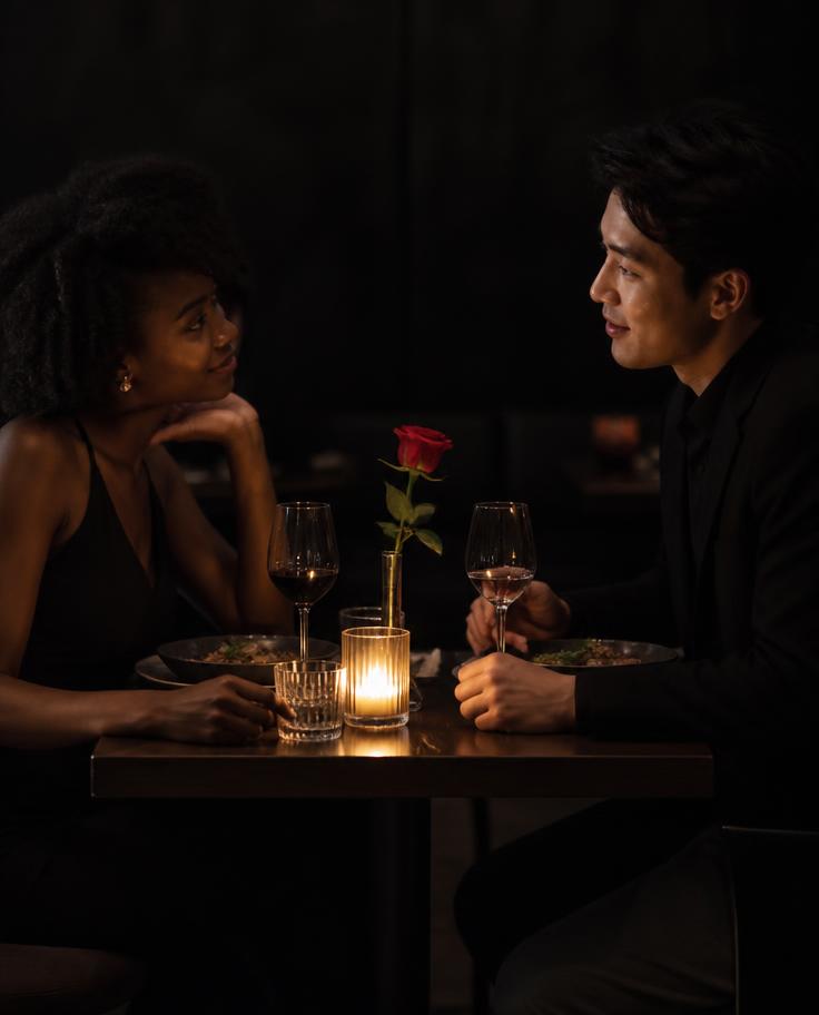 A Black woman and an Asian man meeting for the first time over a candlelit dinner with a single rose.