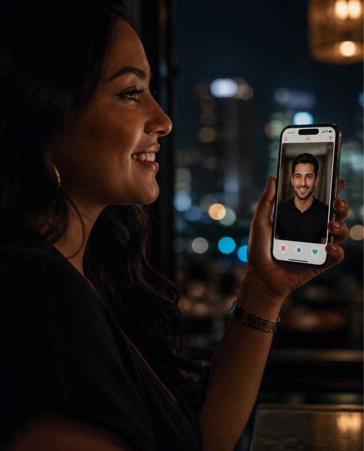 A Latina woman smiling as she swipes through a dating app on her phone.