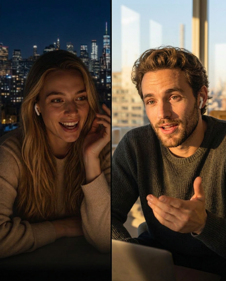 Split screen video call between a smiling white woman and a smiling white man in different cities.