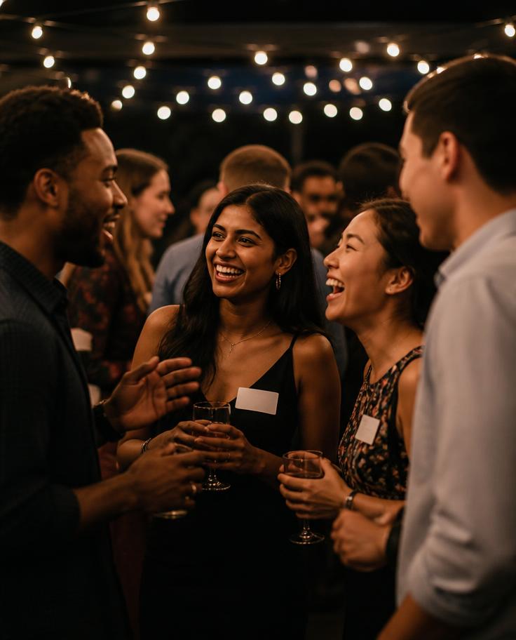 A diverse group of guests wearing name tags mingling and laughing at a singles event.