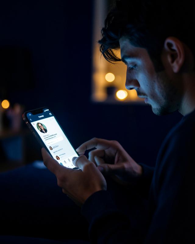 A man reading a social media profile and typing a message on his phone at night.